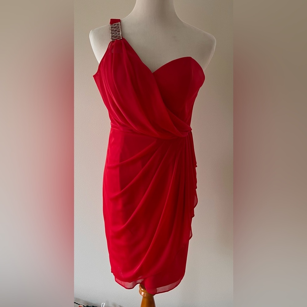 Cache One-Shoulder Pinkish Red Cocktail Dress | Size 10 | Like New - Picture 8 of 9